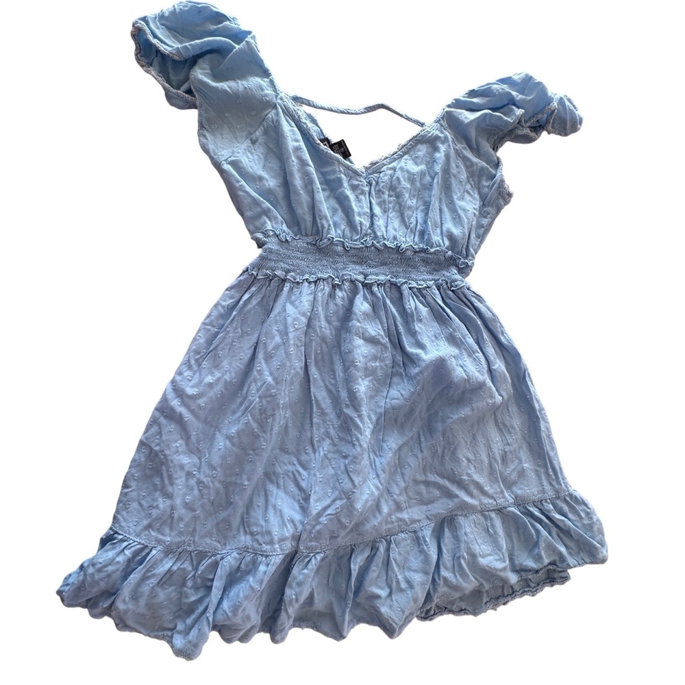 Y2K Angie Mini Dress Womens M Blue Swiss Dot Smocked Waist Lace Trim Boho Whimsy - Picture 8 of 9